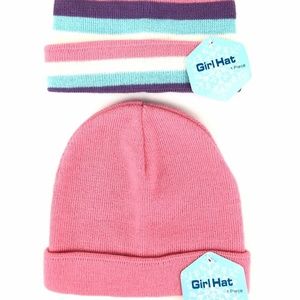 Lot of 2 Knit Girl's Beanies Hats Pink & Stripes
